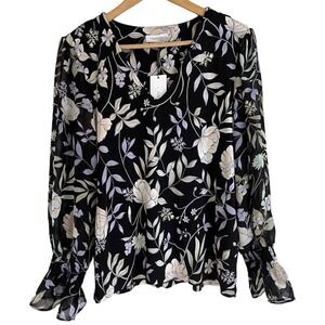 Calvin Klien Womans Floral Long Sleeve V-Neck stretchy Blouse Top Size Medium